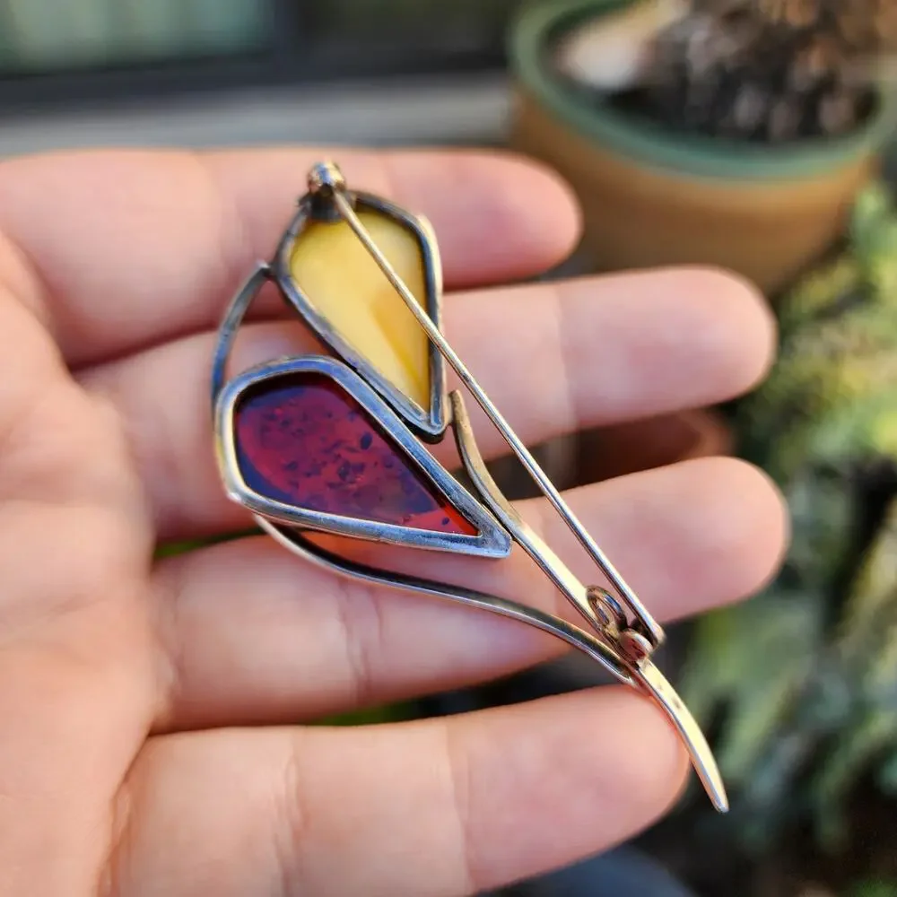Vintage Amber Brooch Baltic Egg Yolk Sterling Silver Open Back Art Nouveau Pin
